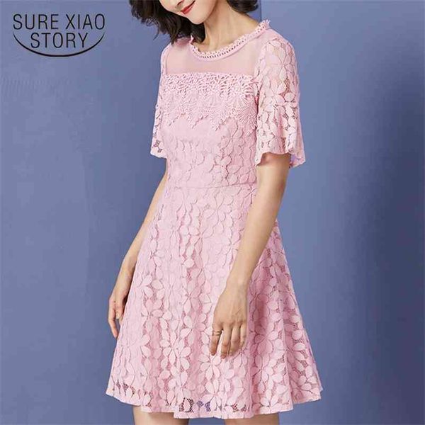 

fashion flare short sleeve summer women dress round collar hollow lace high waist mini party 2912 50 210506, Black;gray