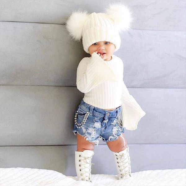 

newborn baby girls wide sleeve knit jeans pants outfits summer clothes, White