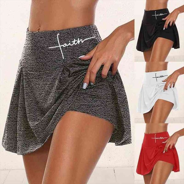 

gym women running shorts skirt high waist shorts mesh double layer print patchwork fitness sports short skirt, Black