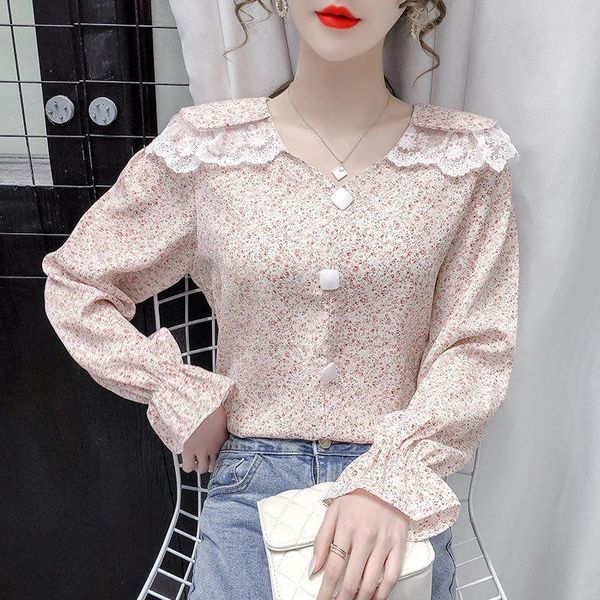 

women's blouses & shirts women blouse shirt lace floral chiffon spring loose long sleeve blusas ropa de mujer, White