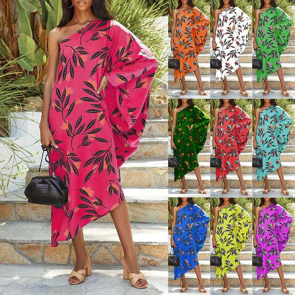 

casual dresses women's flower print one shoulder long sleeve dress midi length irregular, Black;gray