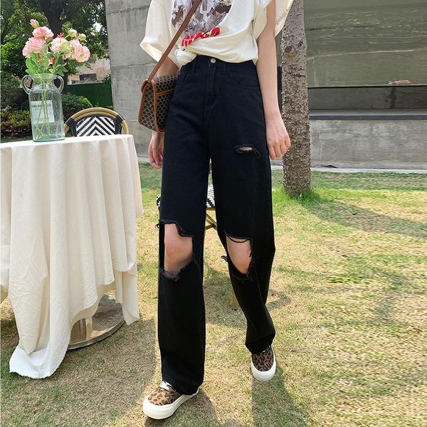 

summer style thin, hole, drape, straight loose, wide-legged, high-waisted jeans, cool girl women's jeans, Blue