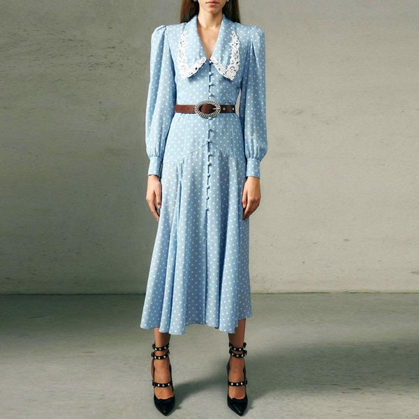 

casual dresses runway women's autumn style polka dot vintage lapel long sleeve elegant chic party fashion midi dress, Black;gray