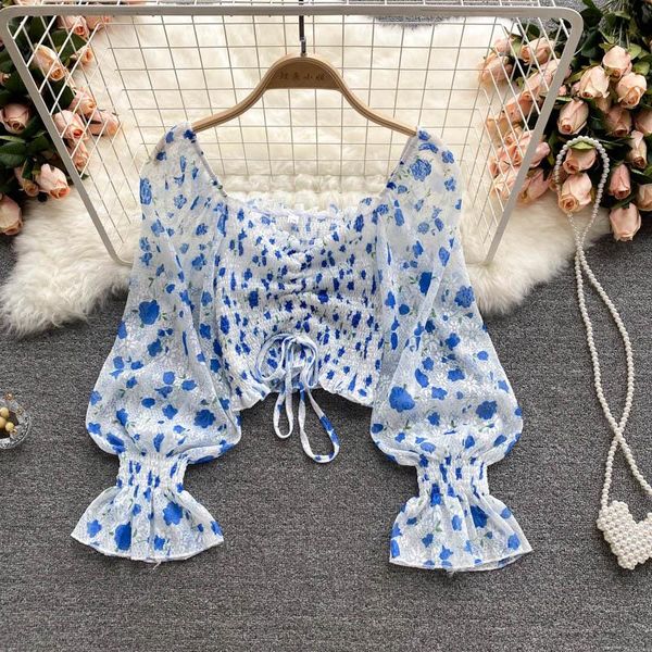 

women's blouses & shirts 2021 summer women floral print lace shirt blouse drawstring lace-up slash neck puff long sleeve hollow out thi, White