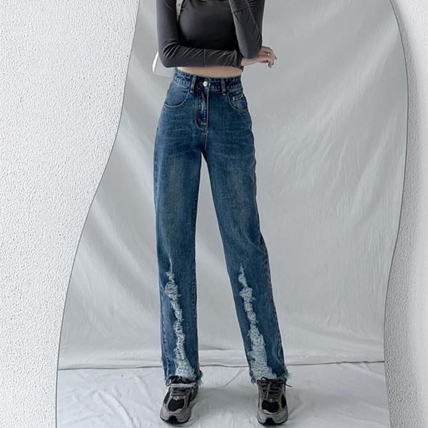 

women's jeans irregular ripped split women's 2021 early autumn high-waisted thin straight wide-leg pants, Blue