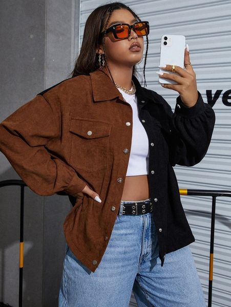 

plus two tone drop shoulder corduroy jacket l85y#, Black