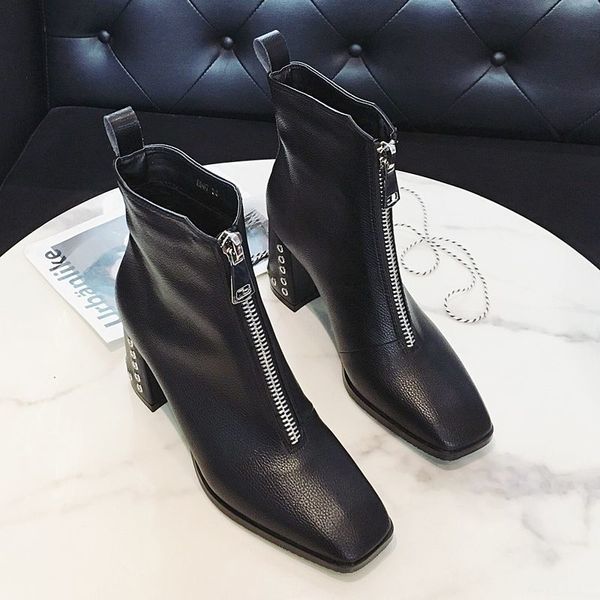 

shoes british style short boots woman rivets booties women autumn/winter shoes front zip block heel square toe black beige p873