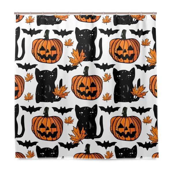 

halloween bathroo hower curtain 72x72 - halloween black cat bat pu pkin bath hower curtain with hook waterproof bathroo decor