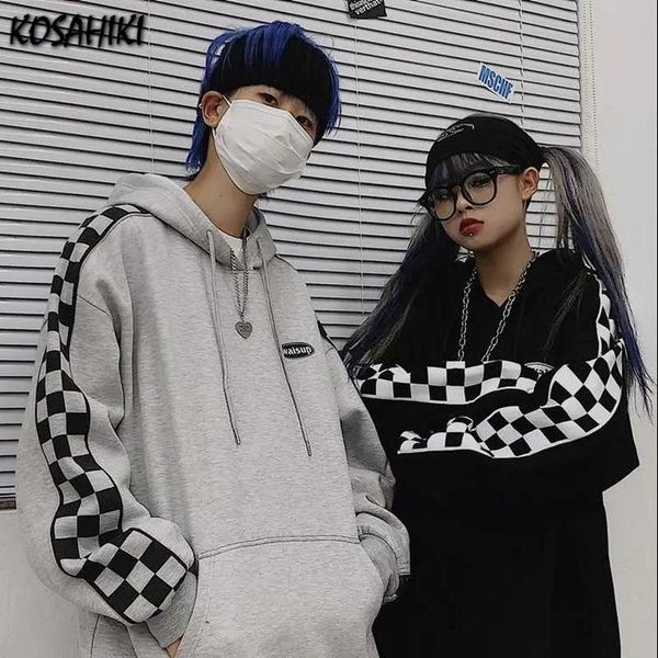 

women's t-shirt kosahiki spring autumn plus size hoodies vintage checkerboard women men hooded sweatshirt korean style harajuku loose o, White