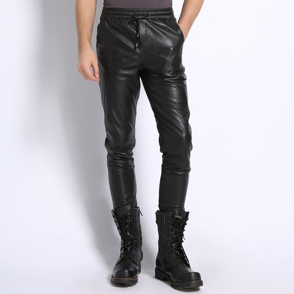 

men's genuine leather harem pants real sheepskin motorcycle casual loose autumn winter windproof male trousers plus size, Black