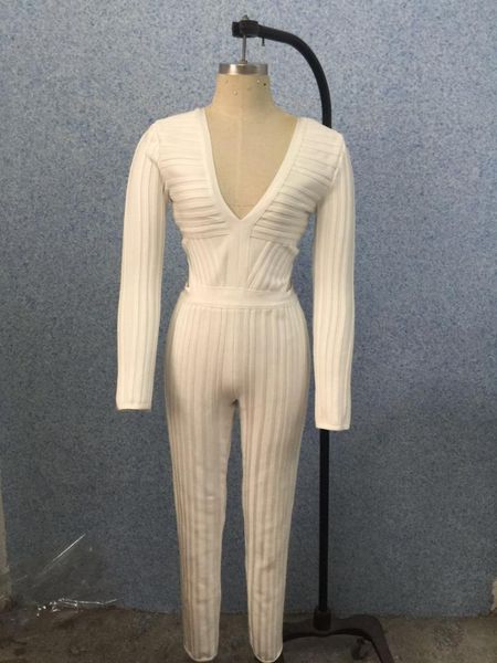 

women's jumpsuits & rompers white long sleeve full length v neck cut out women summer 2021 party bandage bodycon jumpsuit, Black;white