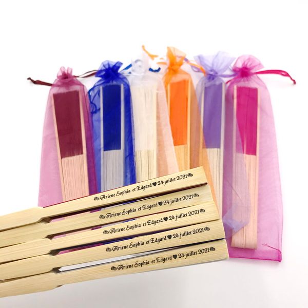 

50pcs customized wedding fan with printing name&date summer party decoration supplies silk fabric bamboo hand folding fans in organza bag