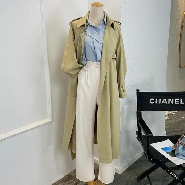 

women's trench coats autumn spring 2021 elegant double breasted women loose overcoat turn-down collar casual long windbreaker female tr, Tan;black