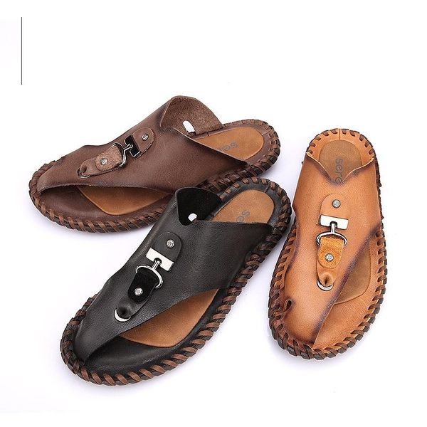 

nice 2162 cow leather handmade male summer slippers shoes the quality fashion breathable genuine flip flops, Black