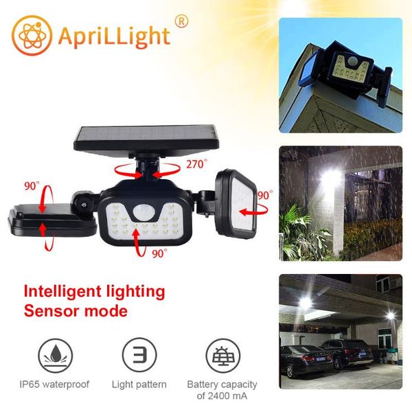 

solar lamps led light outdoor 3 head with pir motion sensor 270 wide angle illumination waterproof wall lamp street lights spotlight