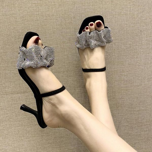 

wohdhe women sandals narrow band rhinestone bling slip on summer shoes slides open toe thin high heels pumps spanking dress, Black