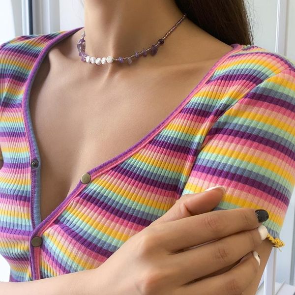 

chains bohemian style beaded necklace irregular purple gravel rice beads letter ladies necklaces for wear accessories when traveling, Silver