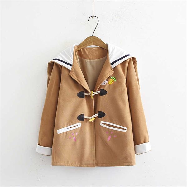 

women's trench coats japanese mori vintage wool coat women winter college style cartoon rabbit teen girls cute bunny ears jacket f, Tan;black