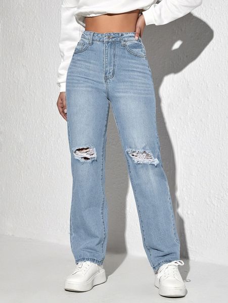 

high waist straight leg ripped jeans x3ey#, Blue
