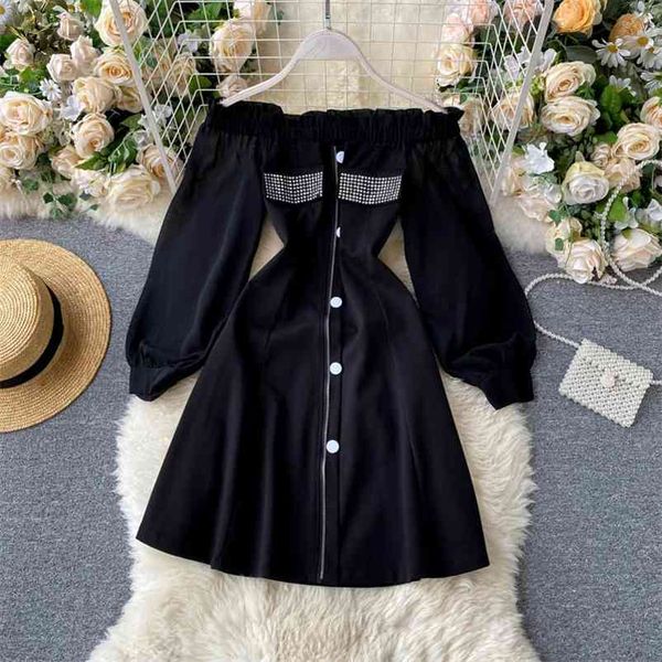 

spring autumn women's dress one-line neck long-sleeved short korean style slim and thin a-line es gx546 210507, Black;gray