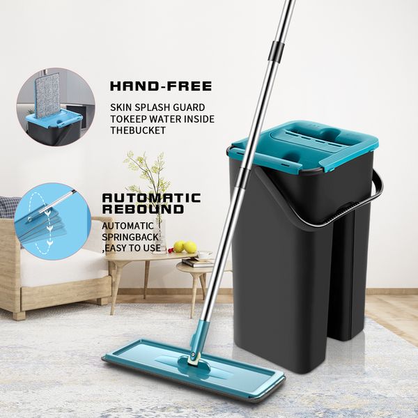 

Fat Squeeze Mop With Bucket 360 Rotating Hand Free Washing Foor Ceaning Mop Microfiber Pads Wet Dry Usage Home Kitchen Toos