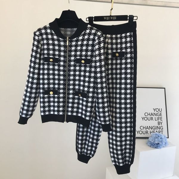 

pant vintage woman houndstooth chess button ziipper mesh cardigans s + lantern pants 2 piece together women's training clothes 30qp, White