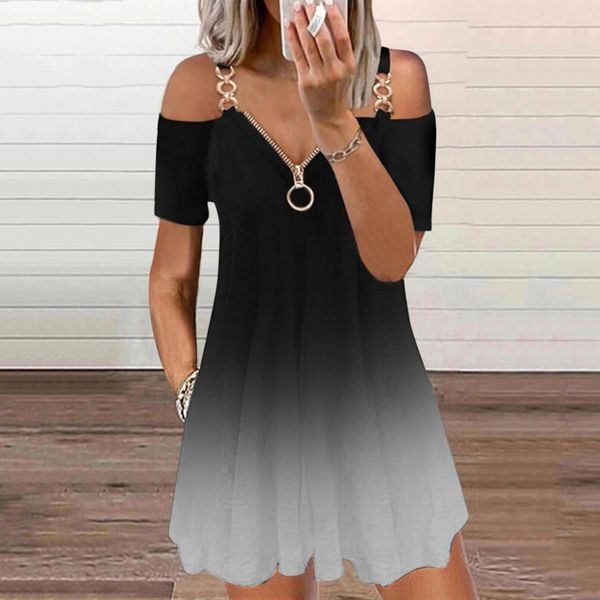 

casual dresses women's summer light v-neck black white dress short sleeve strap backless zipper beach vestido, Black;gray