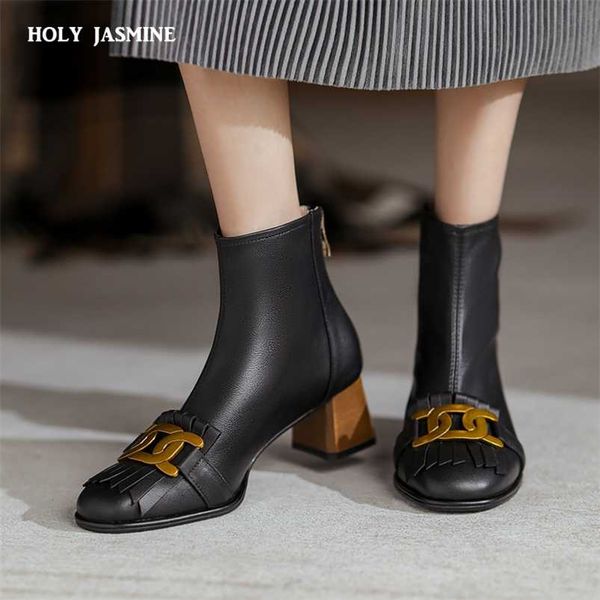 

round toe high heels ankle boots genuine leather metal decoration shoes woman working basic boots autumn fashion women 211103, Black