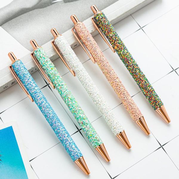 

ballpoint pens metal luxurious glitter pen 0.5mm black sequin crystal press style school office writing tool working stationery, Blue;orange