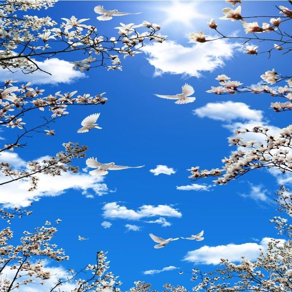 Tapeten Benutzerdefinierte 3D-Wandbilder Tapete für Wohnzimmer Blauer Himmel und weiße Wolke Orchidee Sonnenlicht Deckengemälde