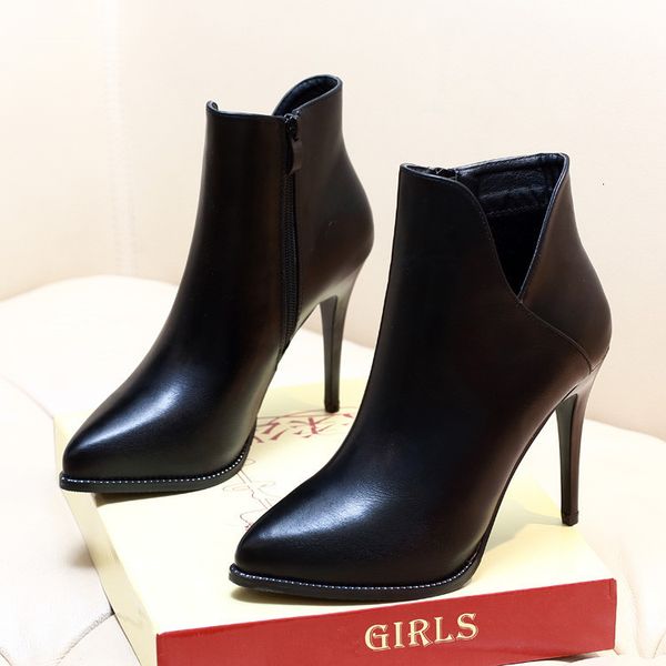 

{category} new women thin high heels ankle boots genuine split leather shoes warm short plush autumn winter fashion black h0050 c7