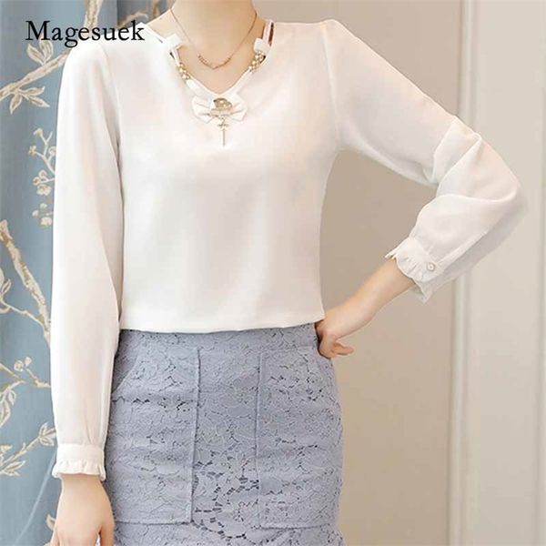 

autumn fashion all-match long sleeve plus size solid v-neck chiffon blouse shirt female bottoming shirts 10281 210518, White