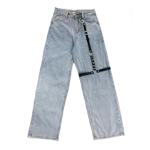 

women's jeans high waisted baggy 2021 streetwear light straight color harajuku pants fashion denim (black leather buckle), Blue