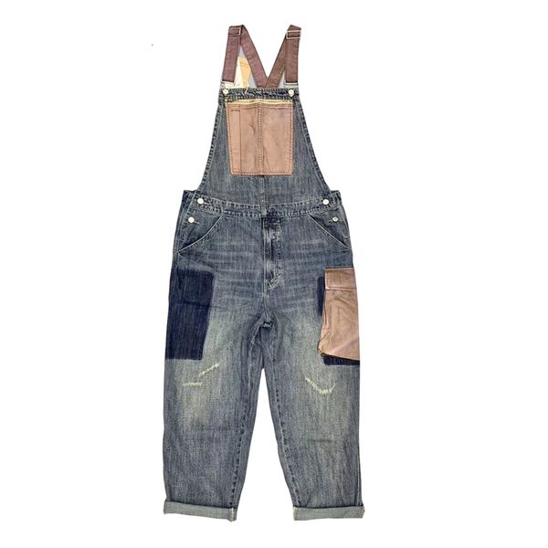 

pantjapanese retro one-piece tooling men's loose overalls with big pockets and color matching suspenders tide, Black