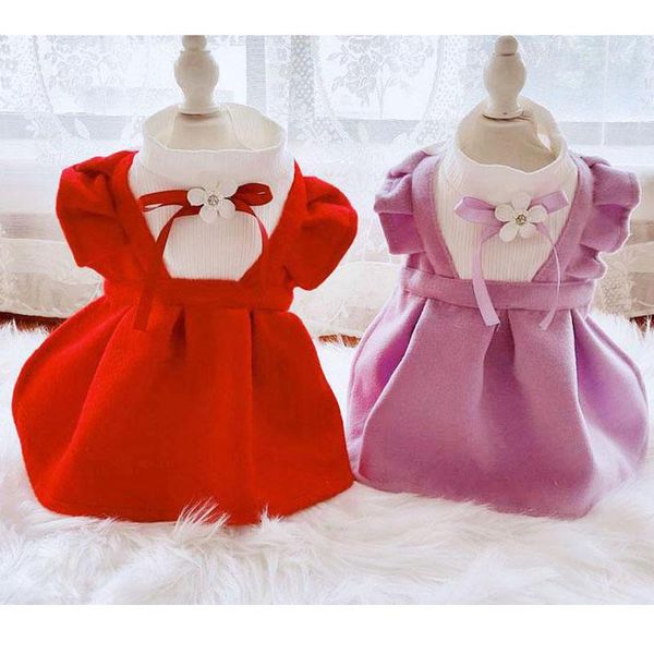 

dog apparel luxury red dress for princess girl woolen weeding evening short party puppy clothes hoodie skirt pomerania