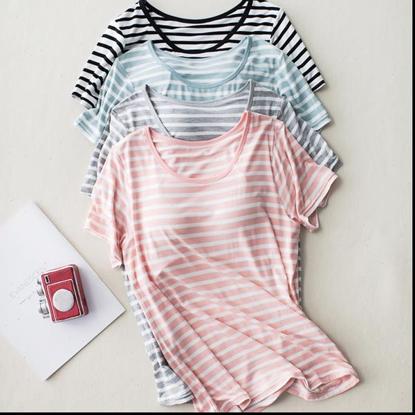 

built in bra sleep womens sleepwears shirts loose fit short sleeve striped modal wear summer padded breathable lounge lingerie, Black;red