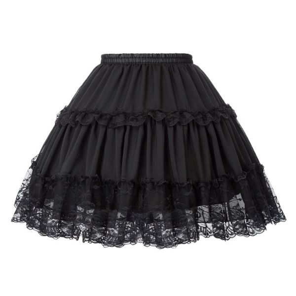 

womens lolita skirts crinoline petticoat evening party underskirt vintage elastic waist 2-loop ruffles swing gothic skirt, Black
