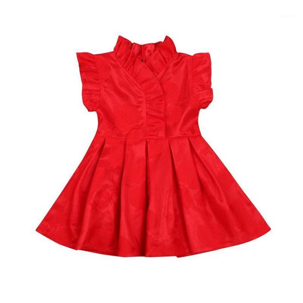 

2-7y princess infant baby girls dress flowers print ruffles short sleeve knee length a-line, Red;yellow