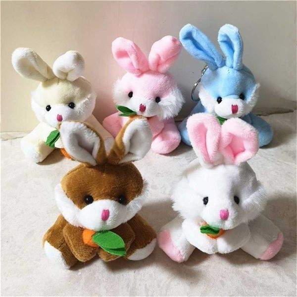 

10cm stuffed holding radish rabbit plush easter bunny doll toys metal circle key ring keychains bag purse pendant hanging plush fleece dolls, Blue