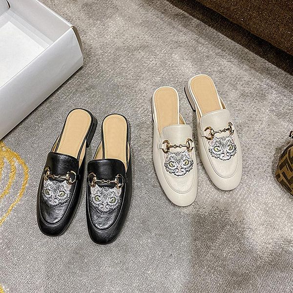 

sandals summer cowhide women 2021 flat genuine leather shoes fashion square embroidery sheepskin mules slippers, Black