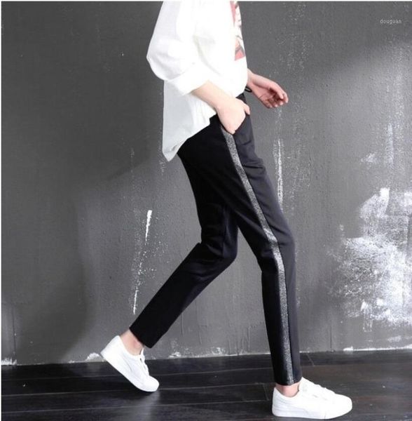 

womens spring mid waist harem pants stripes printed long jogger trousers slim drawstring elastic pockets women's & capris, Black;white