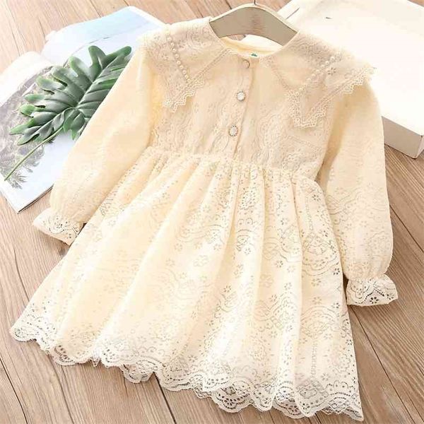 Primavera Outono 3 4 6 8 10 Anos Criança Inglaterra Estilo Surgindo-Down Collar Pérola Lace Manga Longa Uma Linha Vestido Para Crianças Baby Girl 210701