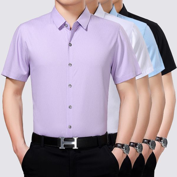 

spring 2021 and summer new short sleeve shirt men's silk solid color loose large no iron casual, White;black