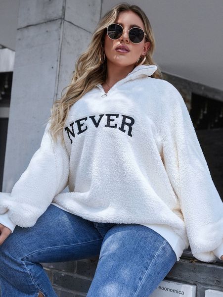 

plus letter graphic quarter zipper teddy sweatshirt e3jf#, Black