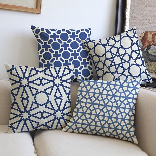 Синие геометрические полосы подушка подушка геометрия цветочный рисунок хлопок льняное домашнее украшение диван диван бросок подушка/декоративность
