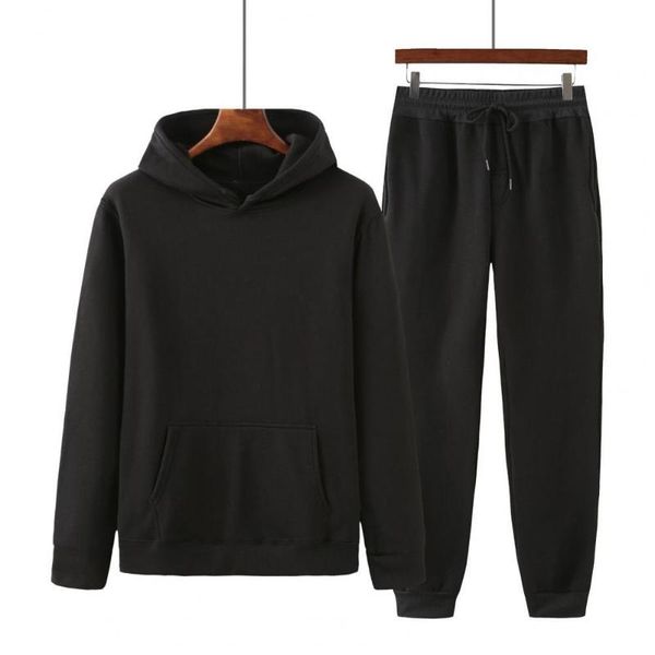

jogging clothing solid color hooded sportswear suit two piece long sleeve sweatshirt elastic waist pants set streetwear, Black;red