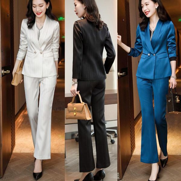 

women's suits women pants business casual wear uniforms slim double breasted female two piece, White
