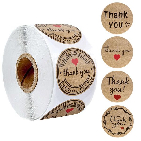 

100-500pcs kraft paper thank you stickers with red heart handmade labels sticker for business envelope sealing stationery craft tools