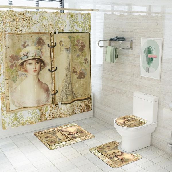 

bath mats european style retro bathroom sets shower curtain pretty girl rug toilet cover mat set with hooks
