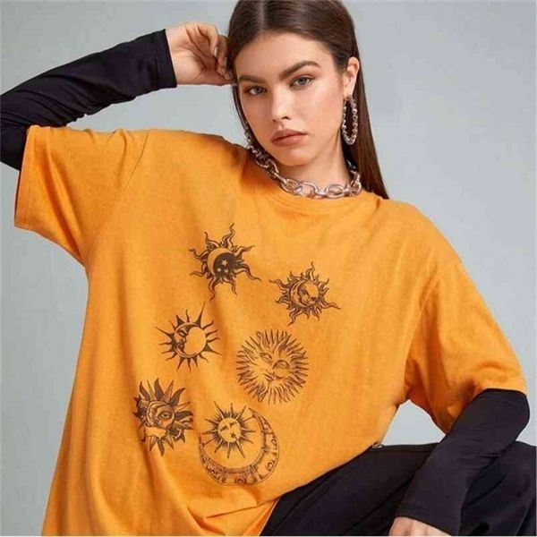 

gothic style women casual fashion t-shirt sun moon print loose short sleeve elastic stretched tshirt summer 210512, White
